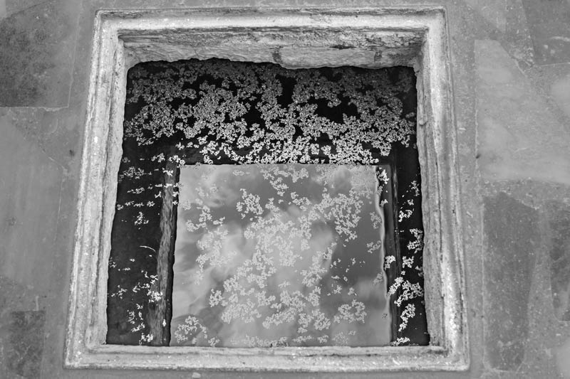 Industry and Violation of Human Right to Water - An underground household tank in Bichhadi, Udaipur district, Rajasthan, filled with water from the village pipeline supply showing a thin greasy particulate layer
